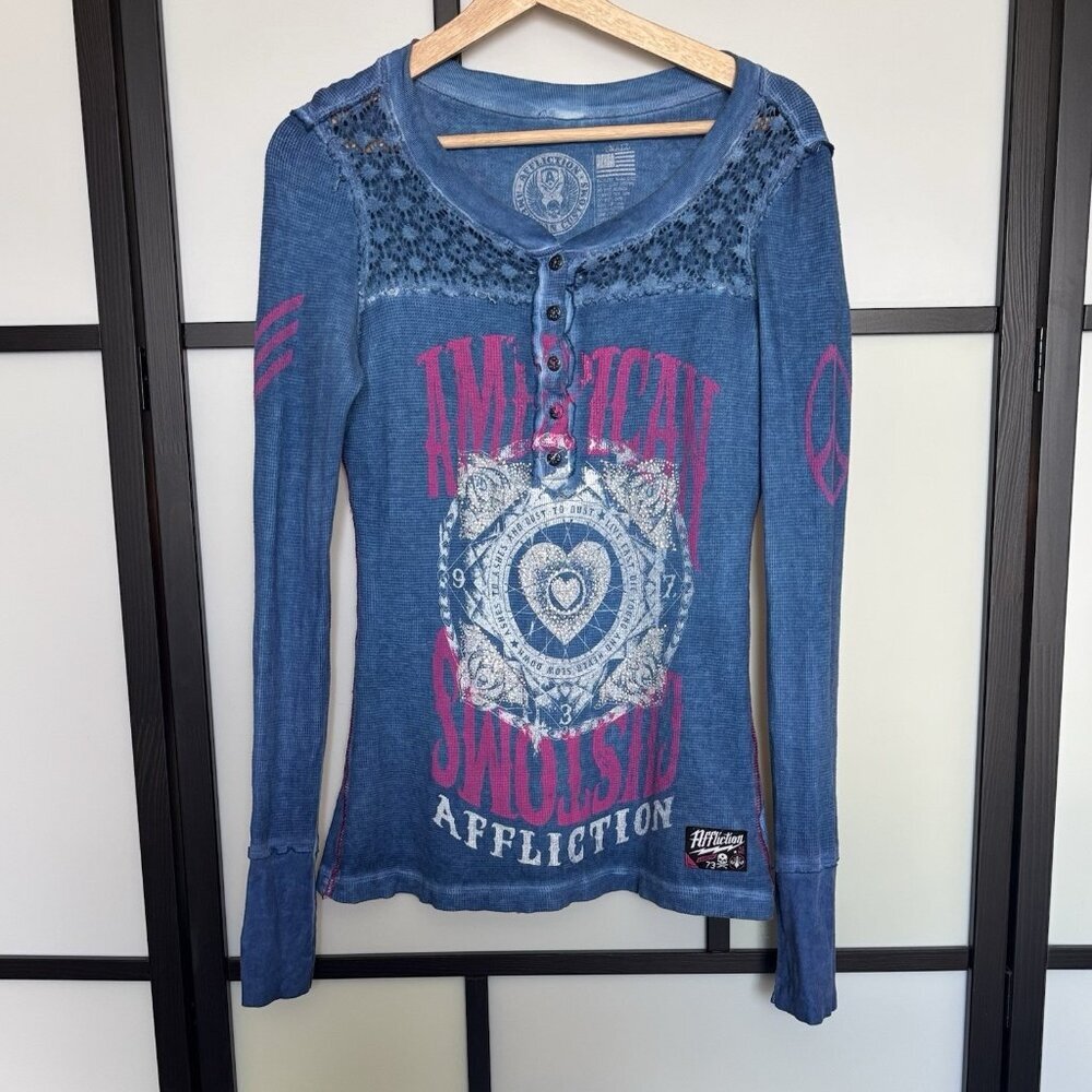 Affliction American Customs Shirt Thermal Lace Rhinestone Top SMALL‎ Grunge Rock
